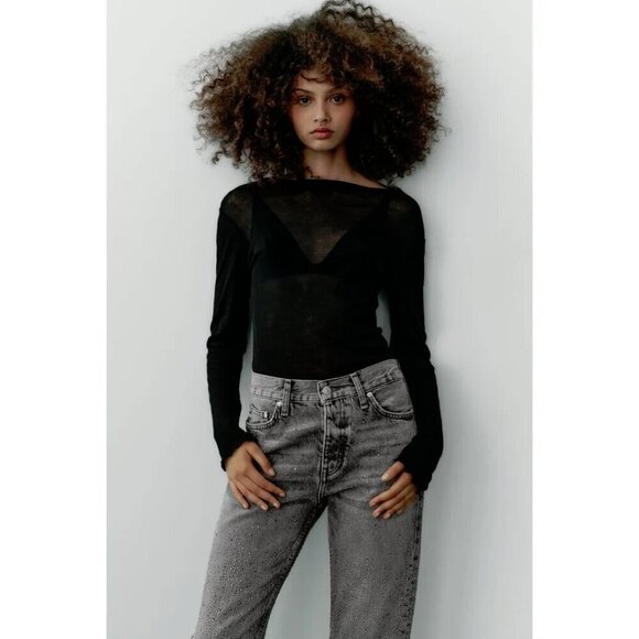 NWT Zara light wash black sparkle embellished mid rise straight leg jeans, 10 - Picture 3 of 15